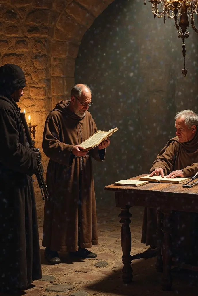 
"A 17th-century scene inside a dimly lit monastery where a forbidden manuscript is being confiscated. Fray Marcus, a monk in his mid-40s, stands helpless as an armed guard takes the manuscript from his hands. The abbot, seated at a large wooden table, wat...