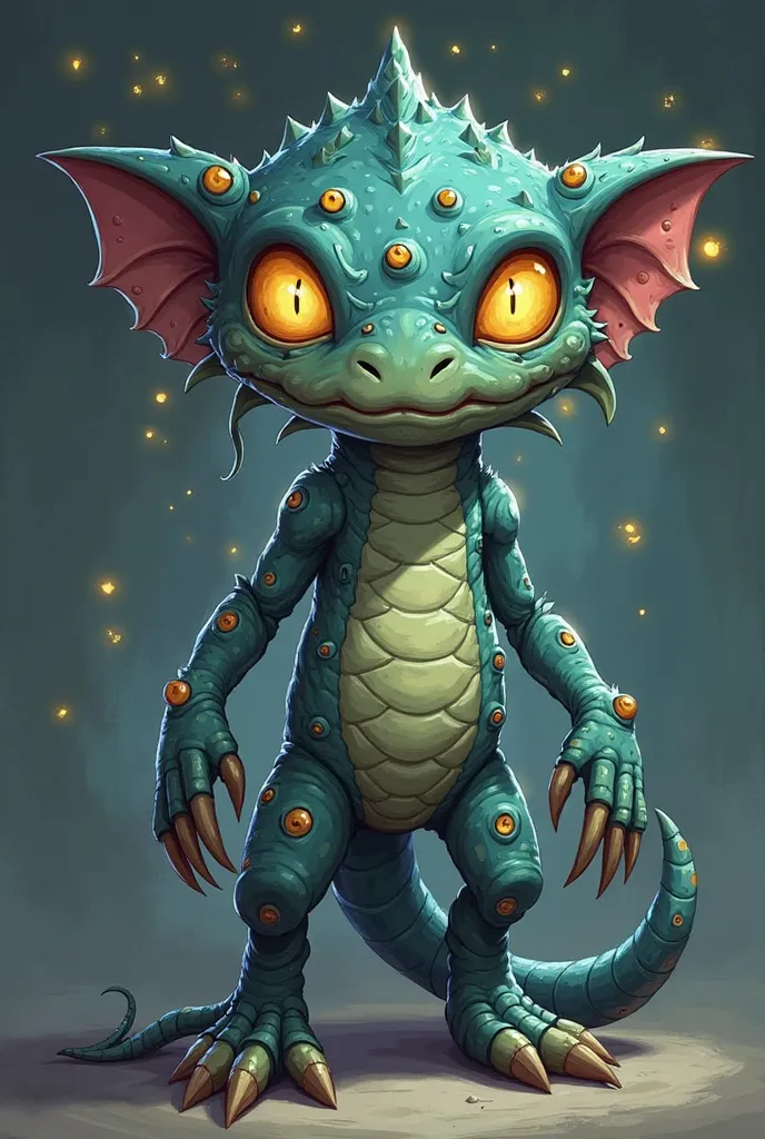 Make an RPG Kobold in a more cartoon art style,  but with the following additional features: body covered in scales... and dozens of eyes scattered across their arms, chest and face! One of the eyes protrudes into a tentacle on your shoulder, and seem to s...