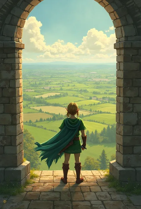 Link le héro zelda sur les rempares d'un château avec en fond une plaine immense 