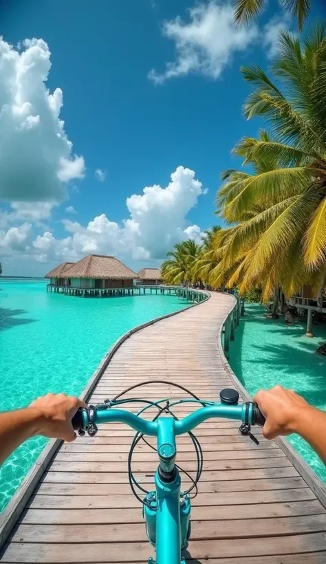 The image captures a vibrant scene in the Maldives, showcasing a picturesque pathway leading over the water. In the foreground, a pair of hands grips the handlebars of a bicycle, suggesting a leisurely ride. The bike is a charming turquoise color, compleme...