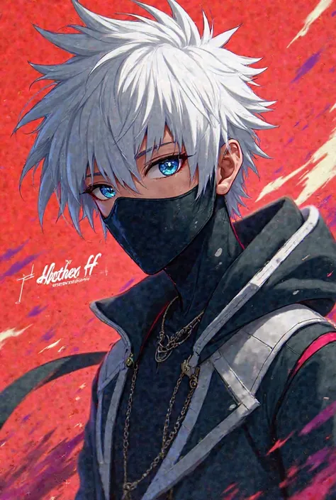 Make a Free Fire Cartoon style profile picture with a white-haired character and a black mask with the name:KOTHEX FF.