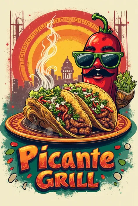 "A vibrant and eye-catching t-shirt design for a Mexican restaurant named 'Picante Grill'. The centerpiece is a delicious plate of three tacos: carne asada, al pastor, and grilled chicken, with steam rising to emphasize their freshness. Behind the plate, a...