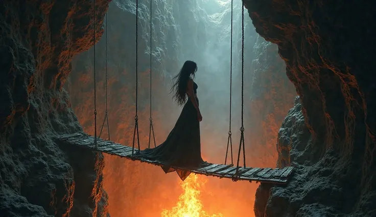 A woman with long black hair in dark clothes stands in a cave on a suspension bridge above the fire. Flames rise high up. Behind her, a rock, the entrance to the cave was cut down in the rock.