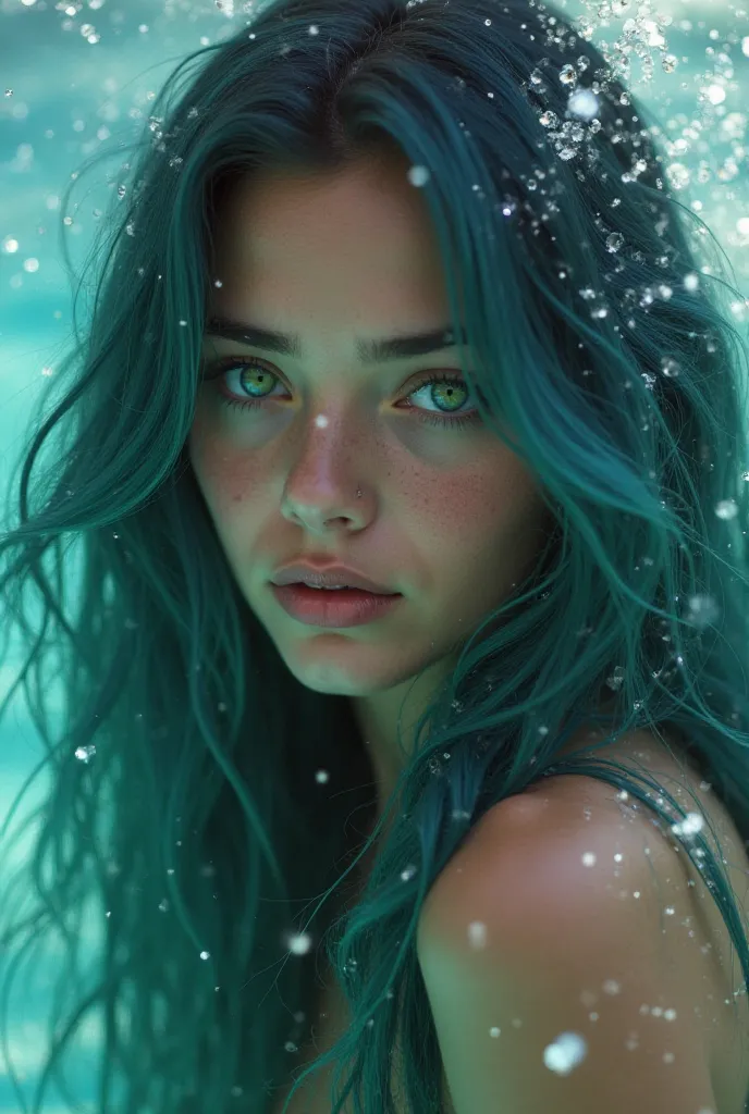 A young woman with long wavy hair, with a tone that can vary between deep blue and emerald green, recalling the colors of the sea. Maybe she even has some lighter patches that shine in the light. big, expressive eyes, with an almost supernatural glow. They...