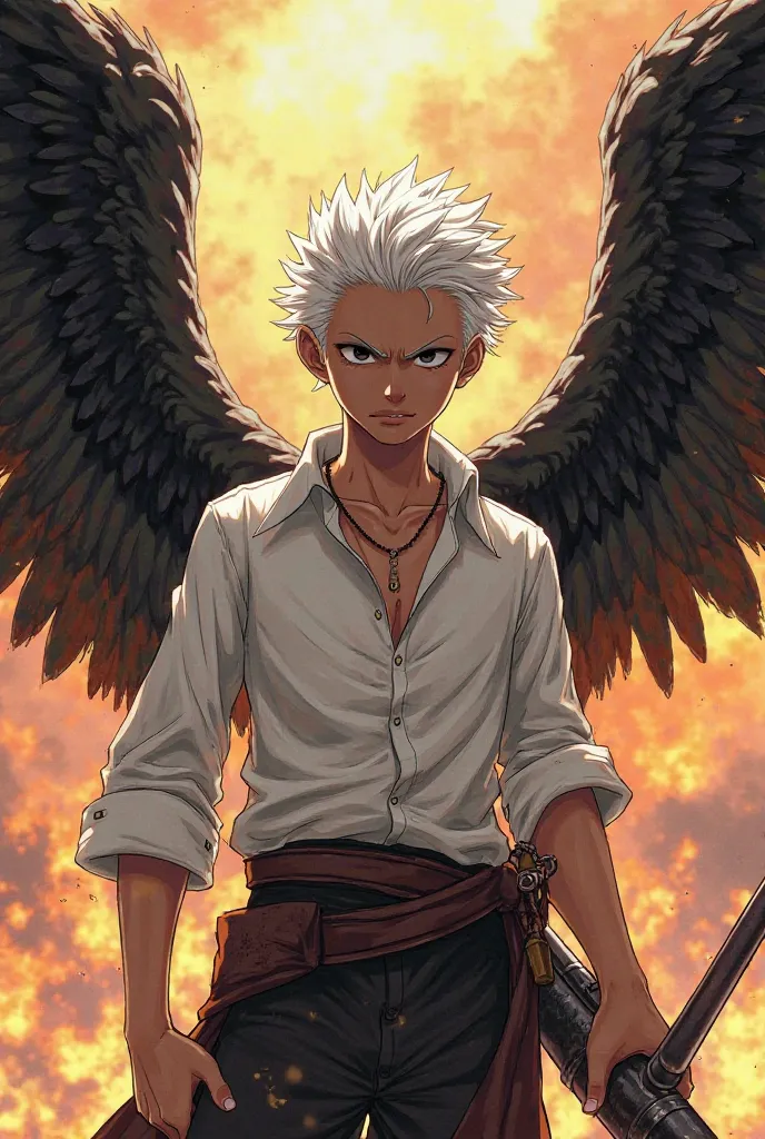 Draw a boy with a dark brown complexion, white hair, black eyes, an angry look, BLACK WINGS, fire in the back, a gun musket, a white shirt and black pants, I would like him to literally look like a member of the lunar tribe from One Piece 