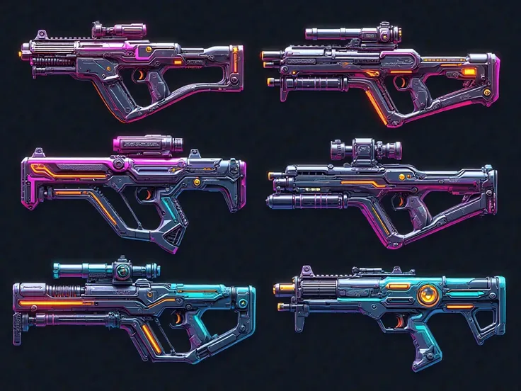 I want to create futuristic submachine guns in several colors and with several lines of different fluorescent colors with different accessories