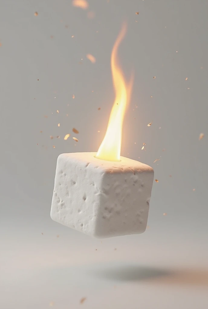 un marshmellow simplu patrat pe un find gri si din ccer cade foc si dupa acesta ia foc