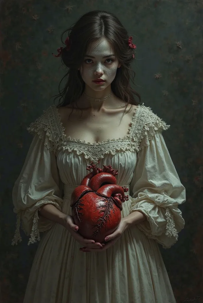 A woman in a period dress covering her face on one side and holding a real heart for the other side