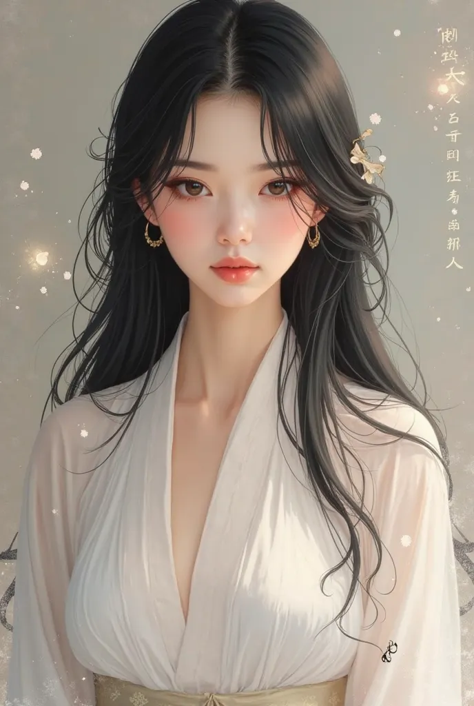  A fictional picture of a beautiful woman of unparalleled beauty with black eyes and her 
Absolutely perfect face, there is almost no flaw in her beauty, she has black hair that flows straight down, her hair looks very shiny and soft and she has big breast...