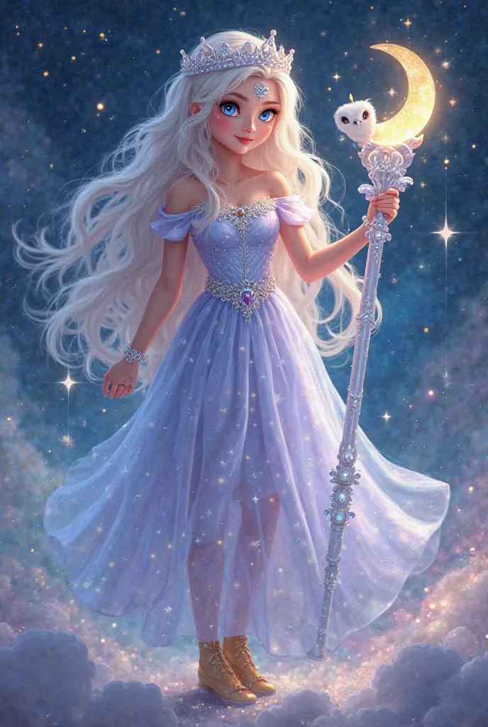 "Princess Moon, an ethereal young woman with pearl-colored skin, wavy silver hair that shines like moonlight, big eyes in shades of lilac and pink. Your dress is fluid, made of Shiny that changes color (light blue to soft pink), with stars embroidered in s...