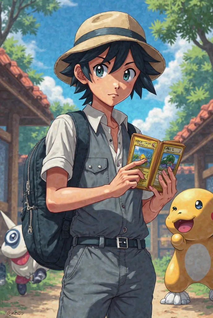 Pokémon Trainer Pokémon Game Style ( Ash type ) What does tradind Pokémon cards with Prada purse for men and gray jumpsuit and fisherman's hat, More anime style than ever 