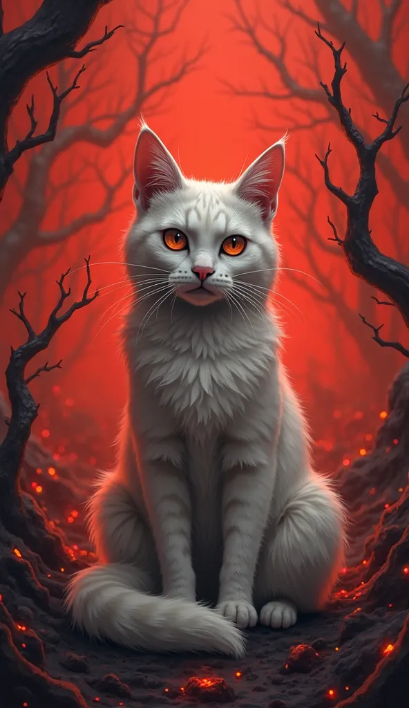 Sad white cat in the red hell, Next to the Devil 