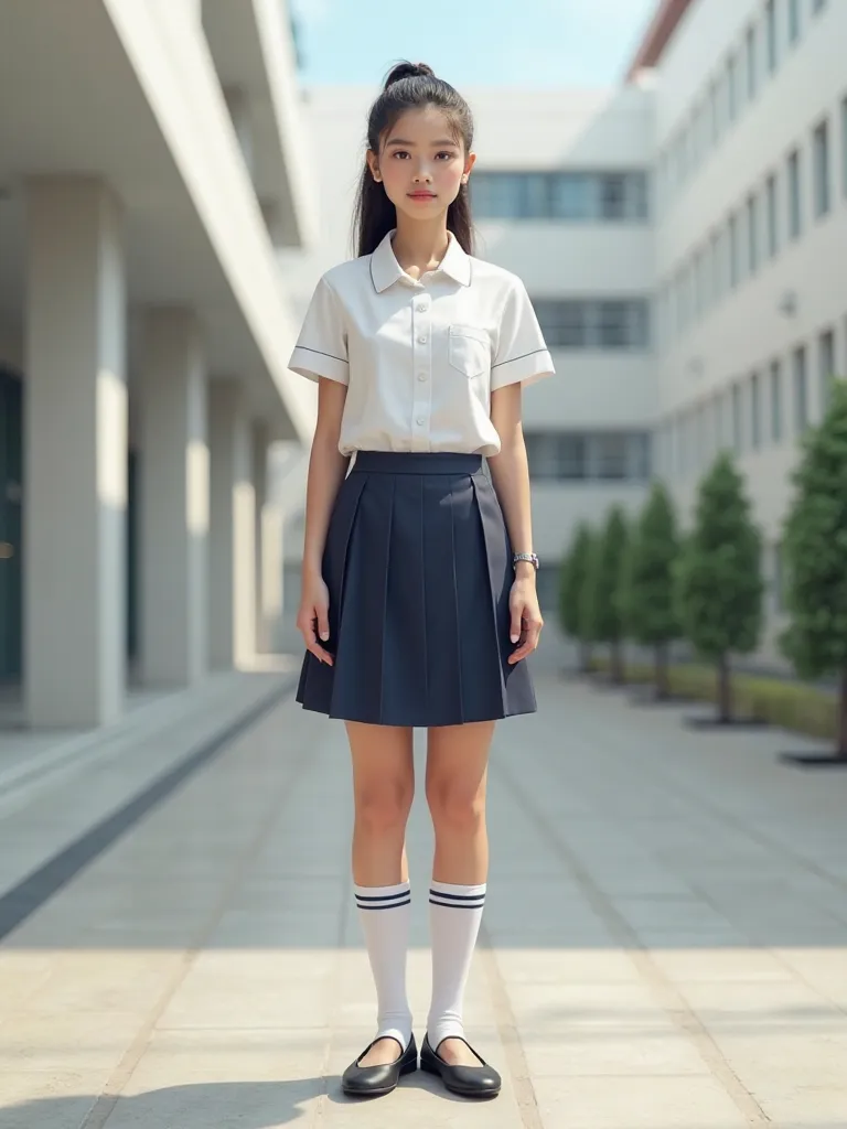 Brazilian female high school uniform (sports school). White button-up shirt, knee-length navy pleated skirt, sheer white knee-high socks with stripes, and polished black ballet flats.