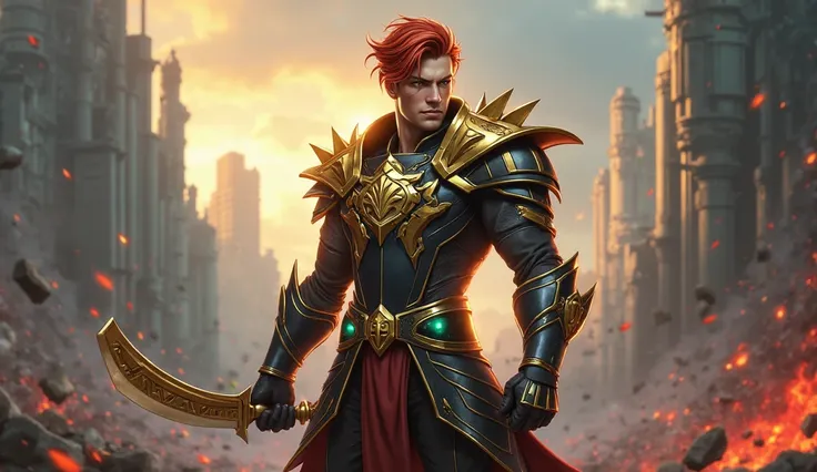 "A  of approximately , son of Katarina and Garen from League of Legends, in a dynamic pose on a destroyed battlefield. The  combines traits of both parents:  coppery red hair (with golden highlights), emerald green eyes with a spark of determination. He we...