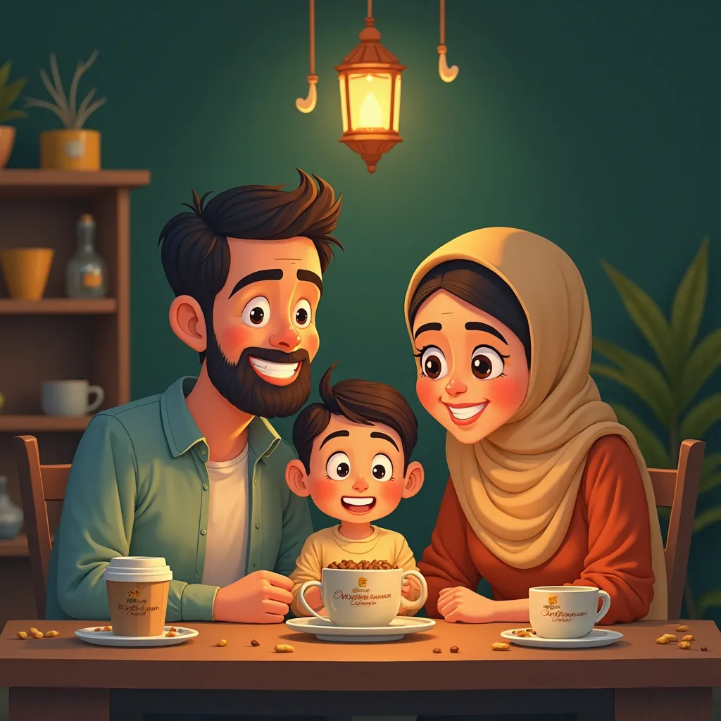 A cartoon family consisting of a father, mother and their little son sitting around a table with a coffee product with a Ramadan theme. The background is dark green 