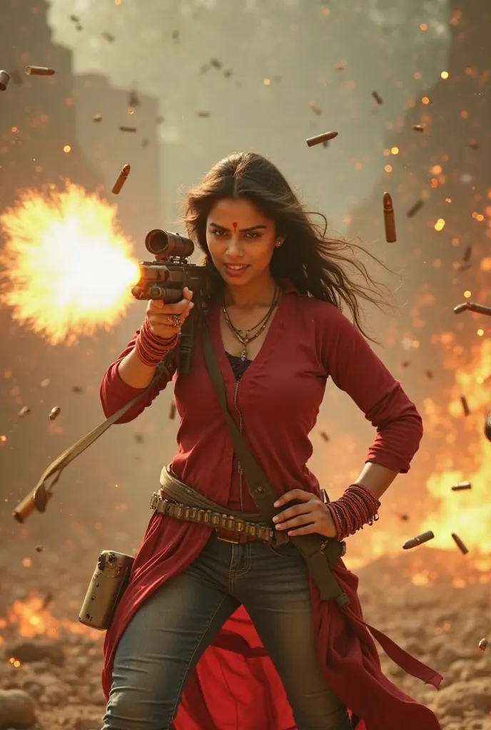 Create a cinematic action poster featuring Gunjan aka Misses Dhurandhar in an intense battlefield moment. She stands strong, firing a mounted light machine gun, with empty bullet cartridges flying mid-air. Her expression is fierce and focused, exuding powe...