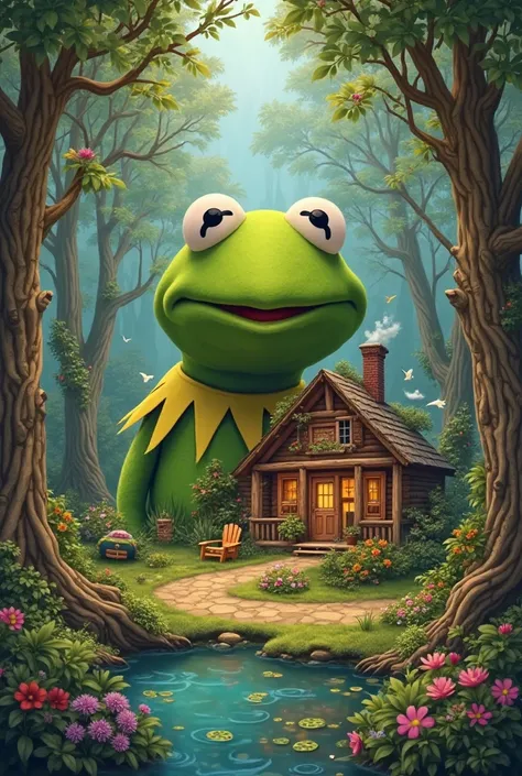 Create a poster that says Kermit's hideout with Kermit the Frog in the background 