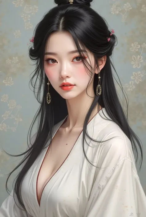  A fictional picture of a beautiful woman of unparalleled beauty with black eyes and her 
Absolutely perfect face, there is almost no flaw in her beauty, she has black hair that flows straight down, her hair looks very shiny and soft and she has big breast...