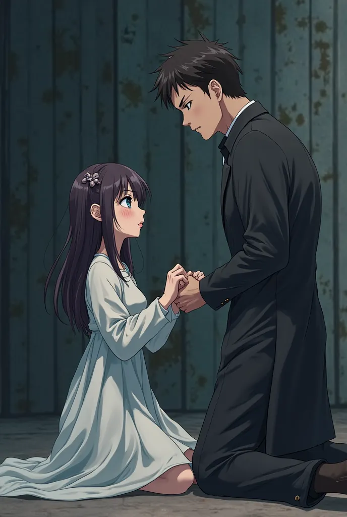 An girl on her knees, begging him to forgive her while crying, as she has an dress on, as a guy is looking up at her holding an collar on her neck, anime. 