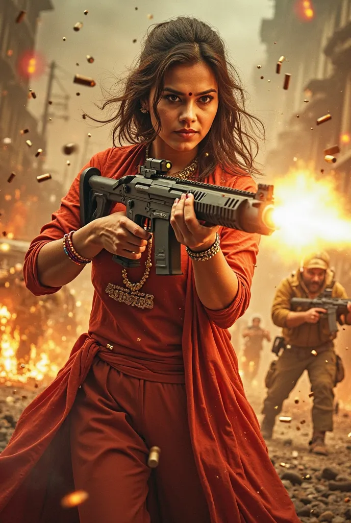 Create a high-intensity action movie poster for Mister & Misses Dhurandhar 2 with a chaotic battlefield feel, merging three dynamic scenes into one cinematic composition. Gunjan aka Misses Dhurandhar should be firing a light machine gun with stand , with e...