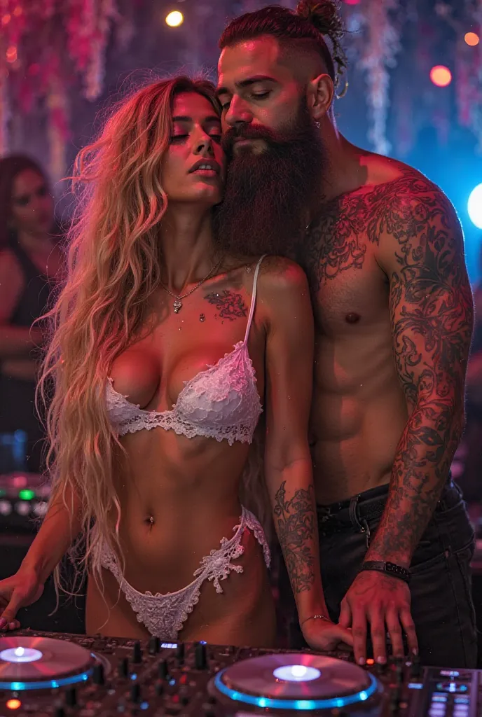 Australian DJ .... Sexy long-haired woman in white lingerie with big breasts on the outside and thong panties..dressed as a carnival shovel with glitter and colorful feathers with her mother on the DJ table strong Viking-style man tattooed sexy with her ha...