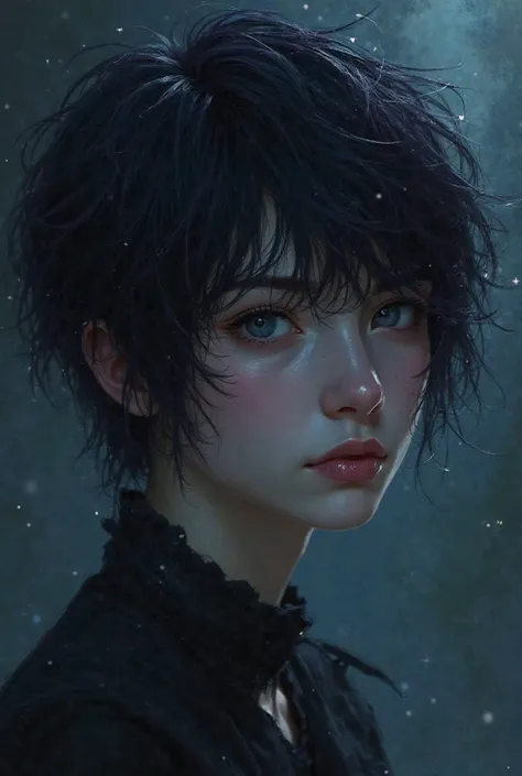 A young woman with short, messy hair, in a deep black shade or a dark purple, reflecting the darkness of the night . It may have some silvery highlights that resemble stars.  penetrating eyes, maybe deep blue or gray, with a glow that seems to capture moon...