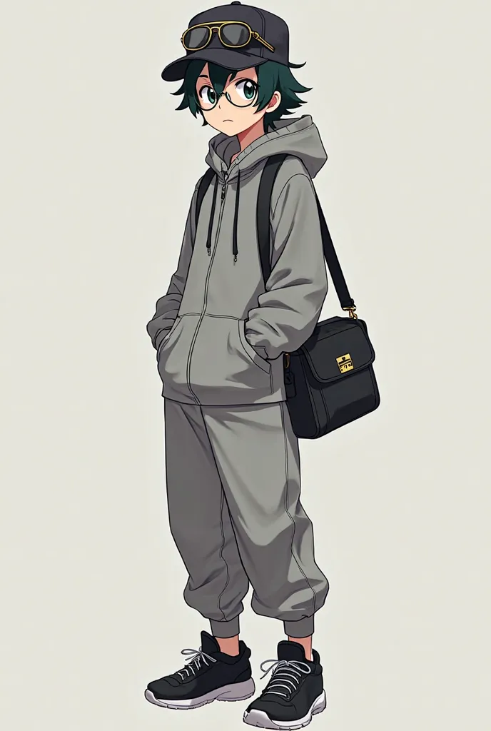 Anime style Pokémon trainer ( Ash type but not the same ) with black Prada style bag on the side( Not just on one shoulder ), modern black fisherman's hat, aviator glasses all in anime style and dressed in gray fleece jumpsuit type Perfect combined with ov...