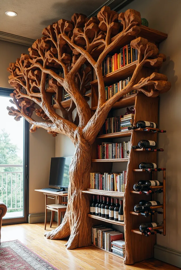 Tree design that holds books, a tree-shaped library and a wine rack next to it.