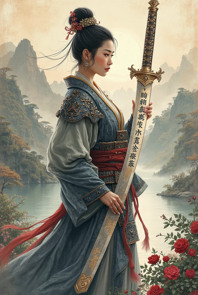 chinese painting of a beautiful chinese sword, with the inscription in Chinese with the words '忠誠、勇氣和真理' written in Chinese letters, engraved on its blade, chinese samurai woman holds the sword, chinese landscape in the background