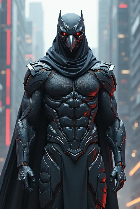 A hero in a futuristic male raven costume