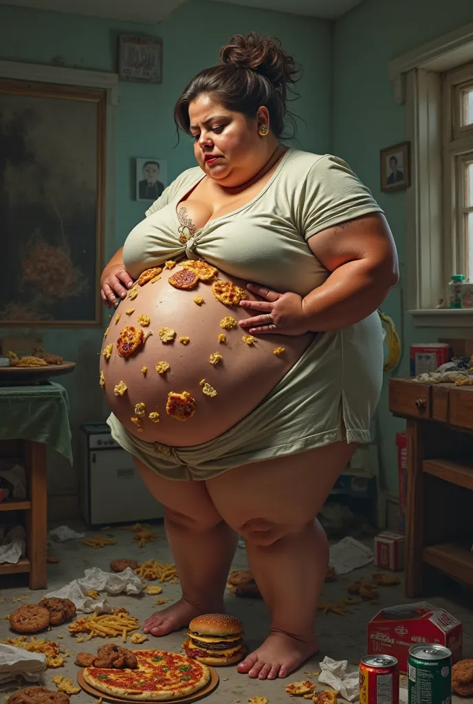 Create a woman with a huge belly full of fast food 