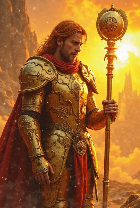 Solaris found himself bathed in armour that glittered like the sun itself. His uniform was a brilliant golden hue, accented with accents of white gold and fiery red. His hair was now more tamed, giving it a more bright colour. He also has an armored mouth ...