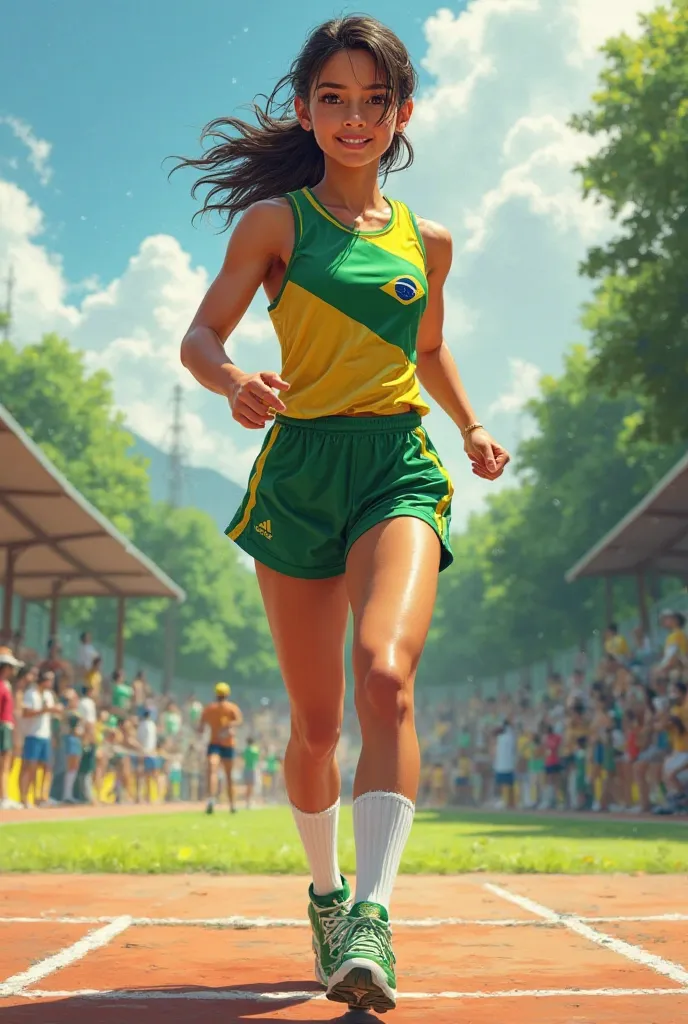 Brazilian female high school uniform (sports school). Green and yellow sleeveless athletic top, green shorts, white athletic socks, and lightweight running shoes.