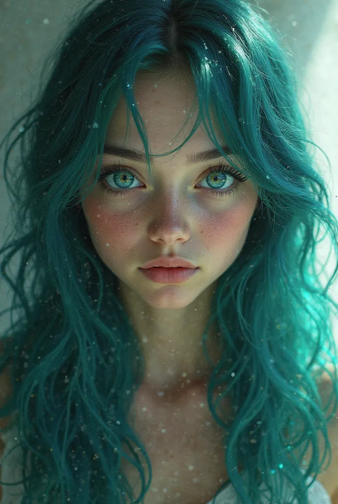 A sixteen-year-old girl with long, wavy hair, with a tone that can vary between deep blue and emerald green, recalling the colors of the sea. Maybe she even has some lighter patches that shine in the light. big, expressive eyes, with an almost supernatural...