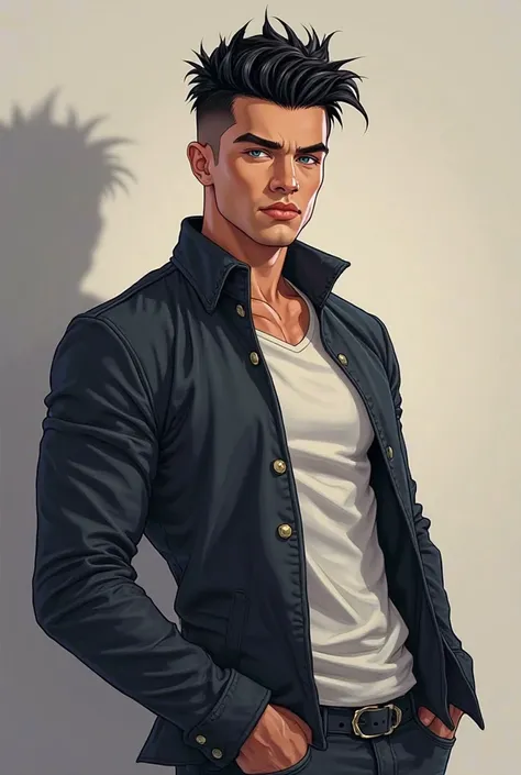 Give me a prompt to Create a semi-realistic illustration of a young handsome hot man, approximately 30 years old, standing gracefully with unreadable look and staring at someone. He has a medium spiky hair cut having dark black hairs with icy blue eyes and...