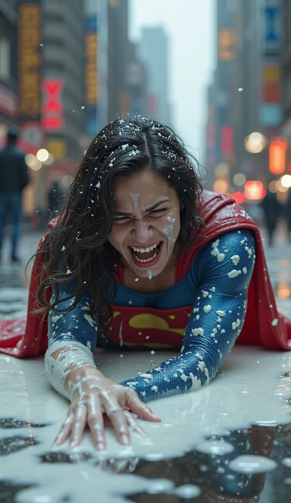 super girl on ground and white cream like liquid on super girl face and body , super girl is crying and shouting for help, at city