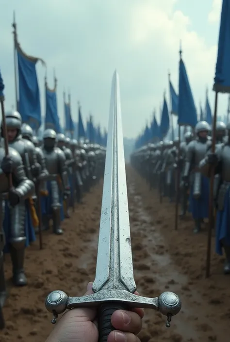 Here is a detailed prompt in English to generate an image faithful to yours, in ultra-realistic 8K and POV version:  

**Prompt:**  
"A cinematic ultra-realistic 8K medieval battle scene in first-person perspective (POV). The viewer holds a sharp steel swo...