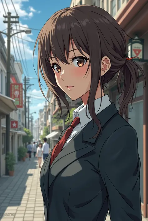 a close up of a person in a suit on a street, an anime drawing inspired by Iwao Takamoto, trending on pixiv, shin hanga, anya from spy x family, female protagonist 👀 :8, as an anime character, portrait of a female anime hero, female anime character, hints ...