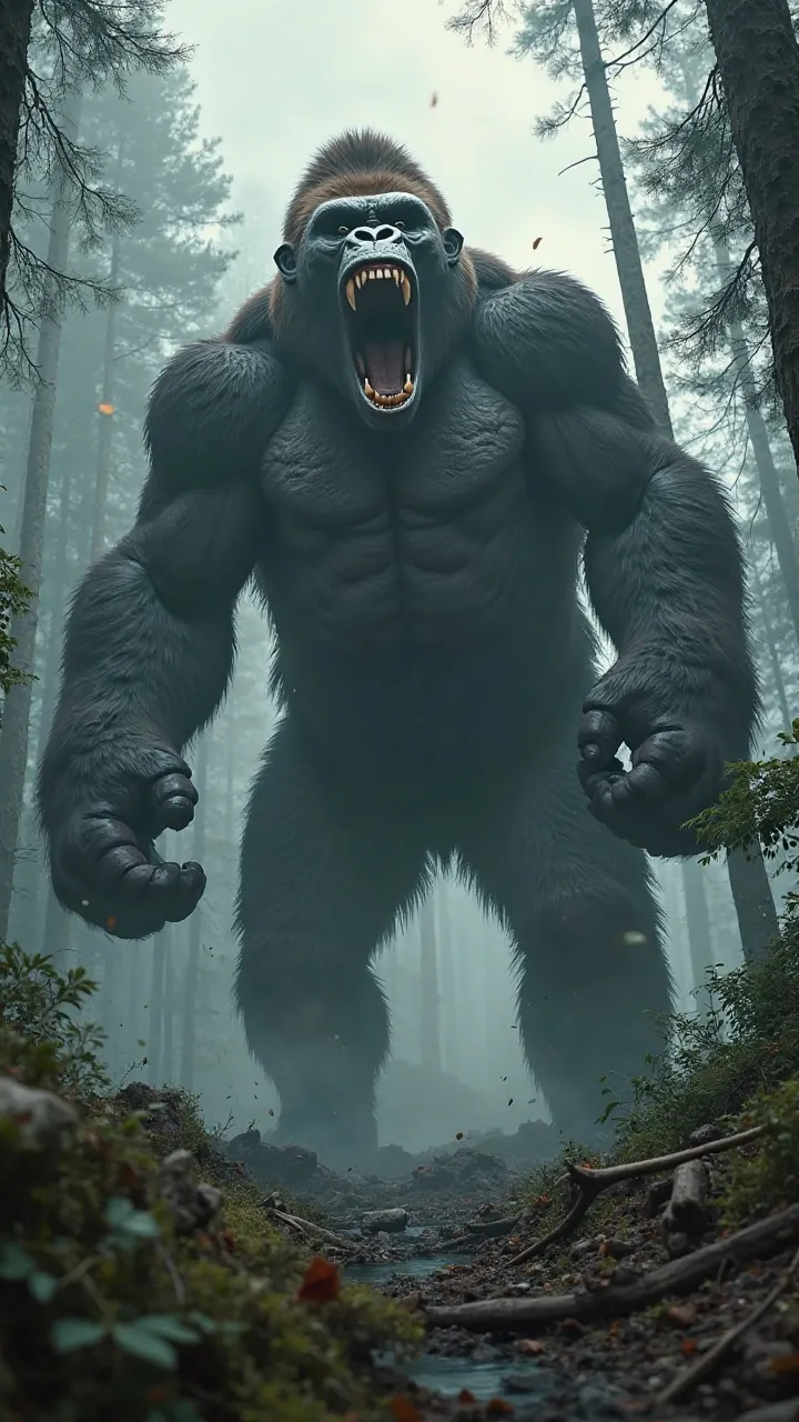 a towering king kong, powerful ape, roaring triumphantly, massive bear, destroyed forest, 8k, highly detailed, photorealistic, cinematic lighting, dramatic shadows, epic scale, lush vegetation, shattered trees, moody atmosphere, dark and gritty