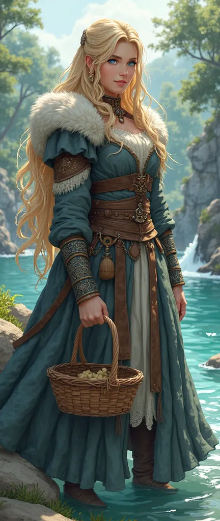 I want an image of a blonde Viking woman, white, blue eyes, From the medieval era with a basket in front of a beautiful anime-shaped river