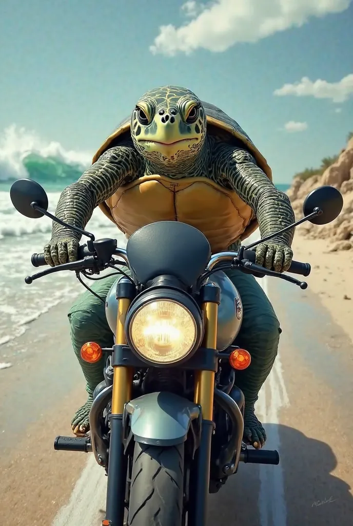 A sea turtle 
Driving a motorcycle 