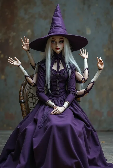 a 2-meter humanoid doll, This one had 6 arms coming out of her back, Pale and white hair, she was dressed as a servant all dark purple but with a pointed wizard's hat, She watches you as she sits in front of you.
