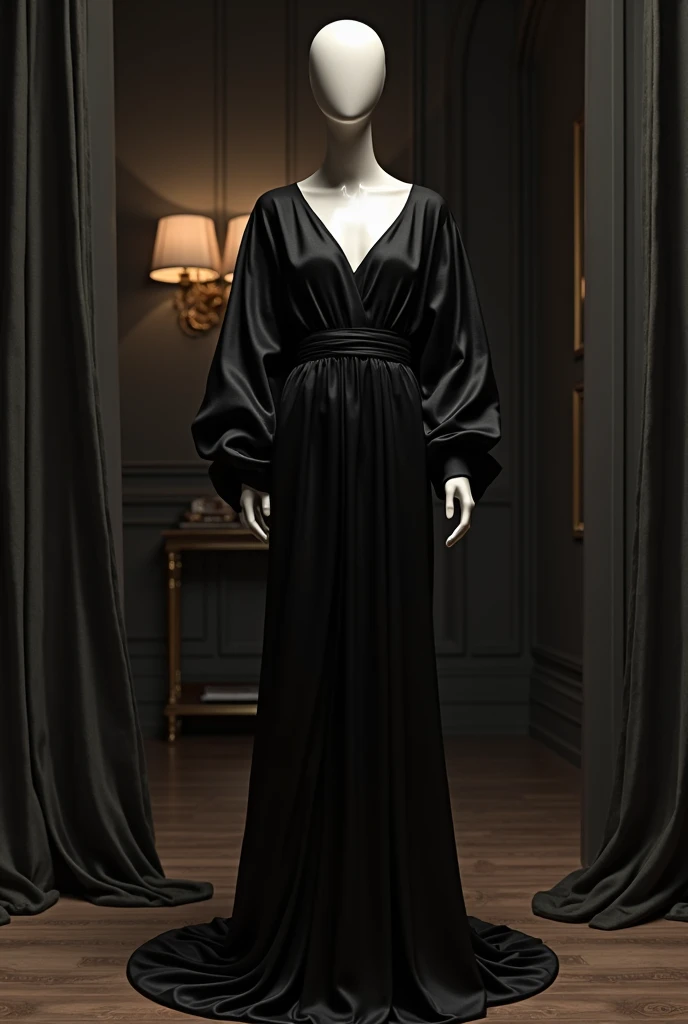 Absurd resolution, high resolution, (masterpiece: 1.4), hyper-detail, A high-fashion editorial shot featuring a mannequin adorned in an exquisite black gown with full-length sleeves, loose fit. The composition exudes timeless luxury, with dramatic theatre-...