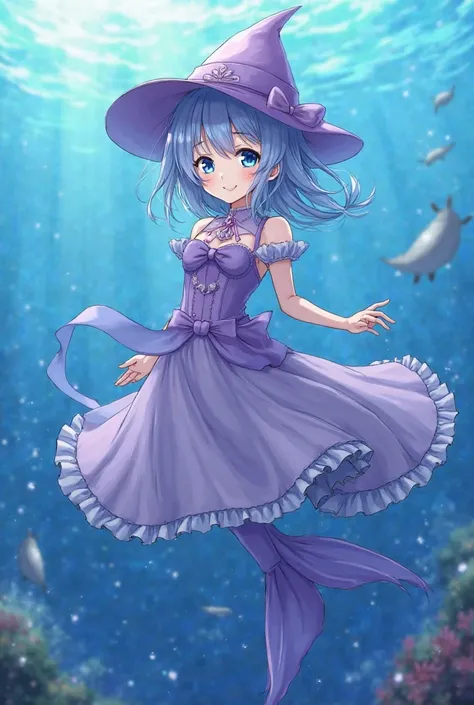 Create the image of an anime woman with meduza features, wearing a dress and hat inspired by this purple and bluish colored animal,  His skin is white, her light blue eyes and long eyelashes, He is seen swimming in the ocean 