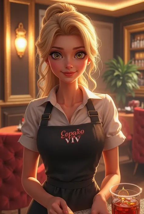 Create a blonde waitress with light eyes and a written uniform: Espaço Vip