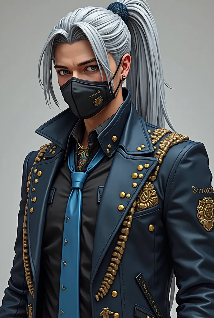  Free Fire gamer style male character , with gray hair and a ponytail and a mini ponytail on the sides, black mask with few details in arctic blue and the shirt one of the the the streetcars a black one with a tie and some gold details written on the chest...