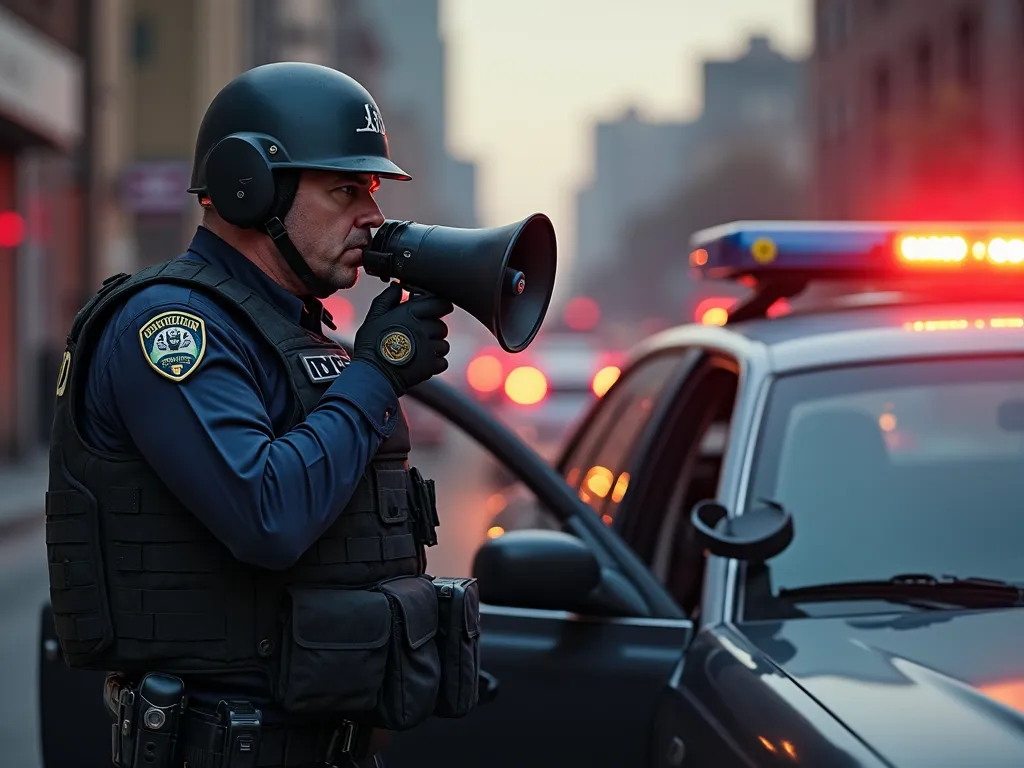 An LAPD officer, heavily armed with a bulletproof helmet and vest, is trying to persuade a suspect to surrender. He uses a police car as cover and speaks through a loudspeaker.