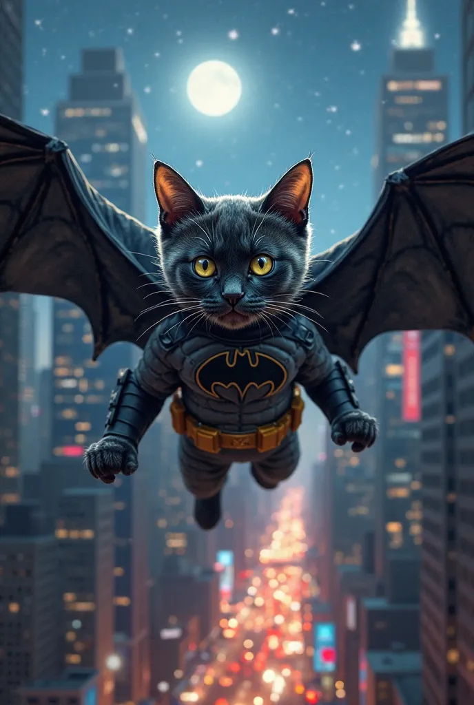 cat wearing batman costume and mask flying in new york city at night