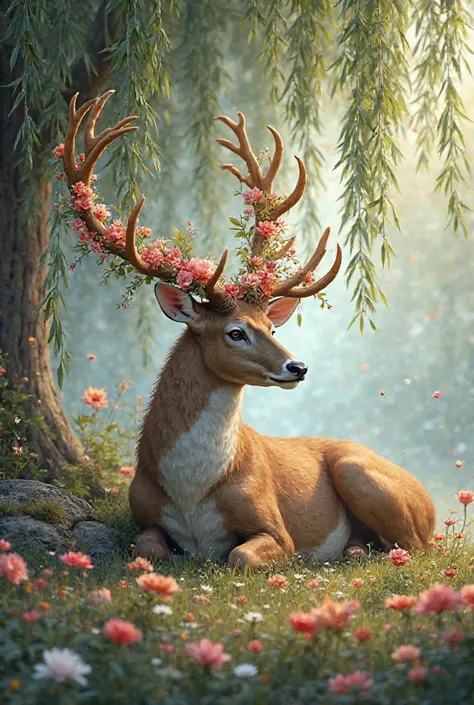 A big huge deer sleeping by a willow tree and flowers grow on its huge horns 