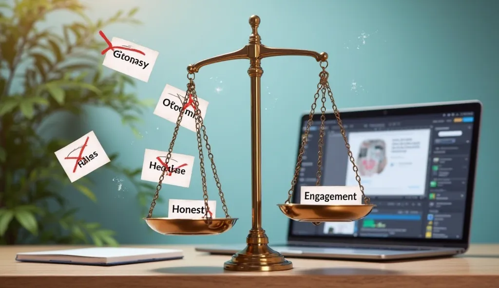 A balanced scale with 'Honesty' on one side and 'Engagement' on the other, symbolizing ethical marketing. Around the scale, various headlines float, some marked as misleading (crossed out) and others as effective yet truthful. The scene is set in a modern ...